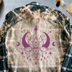 Flannel shirt with psychedelic lotus moon design, edgy boho chic clothing, Bleached flannel shirt, unique fashion statement Plaid Flannel