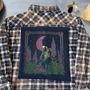 Flanellen shirt met patch aan de achterkant Raccoon Moon Spiritueel, mystiek, boho-sfeer, Mystery Flanel Surprise Made To Order, gebleekt geruit flanel