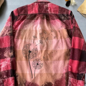Boho Dandelion Graphic Flannel Shirt, Bleached Flannel Shirt On Upcycled Flannel Custom Made To Order