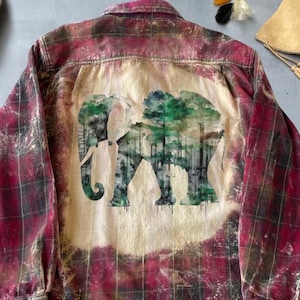 Elephant Graphic Bleached Flannel Shirt Boho Aesthetic Festival Shirt Unique Artsy Plaid Shirt Custom Made To Order