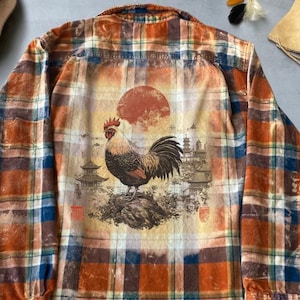 Rooster graphic bleached flannel shirt unique aesthetic Plaid shirt boho flannel Country Asian Vibe Made To Order Upcycled Flannel