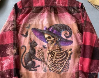 Bleached Flannel Shirt With Skeleton Witch Black Cat And Bats Halloween Gothic Plaid Top
