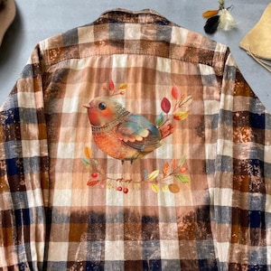 Quirky Bird Flannel Shirt, Bleached Graphic Flannel, Upcycled Clothing Custom Made one of a kind Plaid Flannel Funny animal Bird Colorful