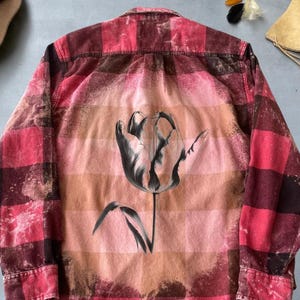 Black and White Tulip Graphic Flannel Shirt Bleached Flannel, Unique Gift for Her, Custom Made To Order Bleached Flannel Boho