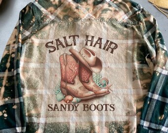 Salt Hair Sandy Boots graphic Shirt, Bleached Flannel Shirt, cowboy boots design shirt, Upcycled Flannel Custom Made Unique Costal Cowboy