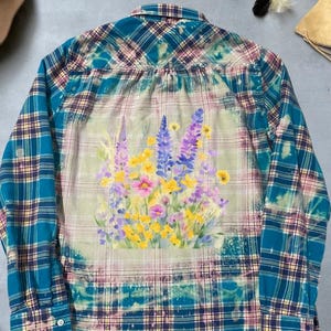 wildflower Shirt, Bleached Flannel Shirt aesthetic festival shirt unique Gift, Spring Vibes Custom made To Order Upcycled Flannel
