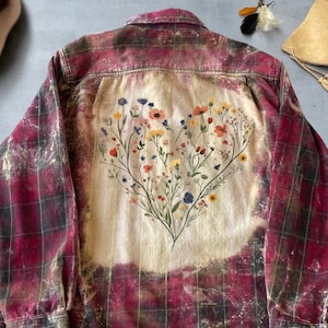 Bleached Flannel Shirt With Floral Heart Graphic on back Unique Shirt Custom Made To Order Upcycled