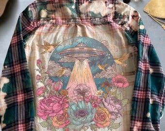 UFO and floral graphic flannel shirt alien abduction with pastel flowers retro sci fi aesthetic grunge flannel shirt Boho