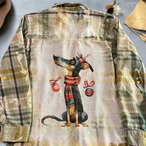 Christmas Dog Shirt, Holiday Flannel Plaid Shirt, Cute Festive Dog, Bleached Flannel Shirt, Christmas Party Outfit, Unique Gift Idea