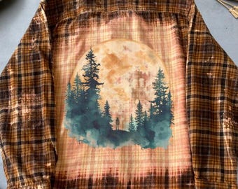 Bleached Plaid Flannel Shirt With Full Moon and Forest Silhouette
