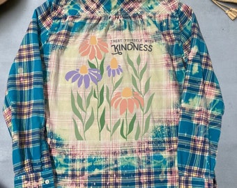 Bleached Flannel Shirt, Floral Graphic Shirt, Graphic Flannel, Cute Boho Shirt, Plaid Custom Made, Gift For Friend, Inspirational Quote