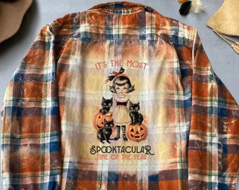 Halloween themed retro shirt, vintage spooky Bleached Plaid Flannel, cute Halloween Shirt, black cats pumpkins Custom Flannel