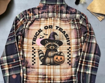 Flannel Shirt, Bleached Flannel, Halloween Shirt, Trick or Trash Raccoon, Witch Hat Pumpkin Plaid Shirt, Fun Fall Fashion, Spooky Season Top