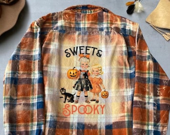 Sweet and Spooky Shirt, Halloween Themed Shirt, Retro Halloween Shirt, Plaid Flannel Shirt, Custom Bleached, Spooky Season Graphic Flannel