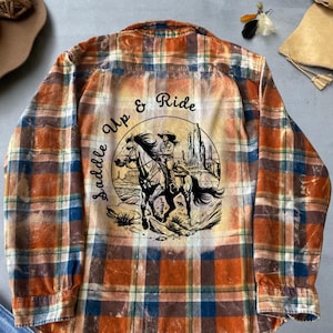 Saddle Up and Ride Shirt, Bleached Flannel Shirt, Western Style, Cowboy Horseback Shirt, Vintage Cowboy Graphic Flannel