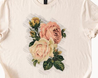 Vintage Style Floral T-Shirt, Pastel Roses Graphic Tee, Retro Flower Print Shirt, Unisex Casual Top, Boho Style Blossom Design, Gift for Her