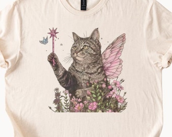 T-shirt met kattenfee, schattig T-shirt met kattenprint, magisch katten-T-shirt, T-shirt met kattenprint en bloemenmotief, fantasie-T-shirt met kattenmotief, betoverd katten-T-shirt