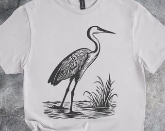 Maglietta Heron Wildlife con illustrazione di uccelli di palude, maglietta in cotone, manica corta, grigia