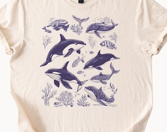Camiseta con estampado de ballena y delfín, para amantes de la vida marina, con estampado de animales del océano, informal con criaturas marinas y temática costera.