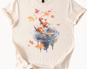 Koi Fish and Autumn Maple Leaves Watercolor Art Graphic T Shirt Japanese Nature Animal Tee Artistic Fall Shirt Gift for Her Him