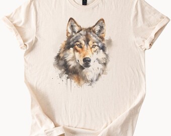 Maglietta grafica con faccia di lupo ad acquerello, arte realistica di animali, regalo per gli amanti della natura e della fauna selvatica, maglietta morbida e neutra, abbigliamento estetico della foresta