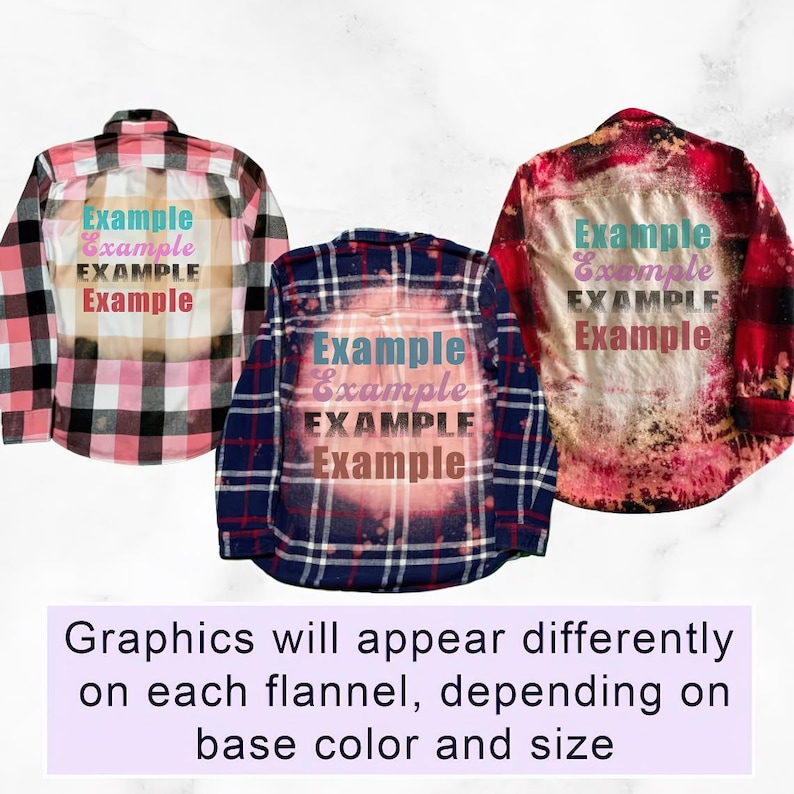 May include: Three flannel shirts with different colored backgrounds. The shirts have the word "Example" printed on them in different colors and fonts. The text is "Example", "Example", "EXAMPLE", and "Example".
