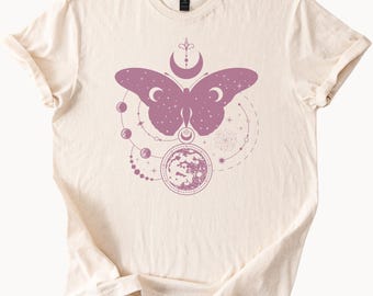 Celestial Moth T Shirt Lunar Phases Witchy Graphic Tee Boho Moon Tshirt