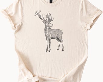 Hand Drawn Deer Graphic T Shirt Nature Wildlife Animal Illustration Forest Buck Tee Outdoorsy Gift for Him or Her Casual Shirt