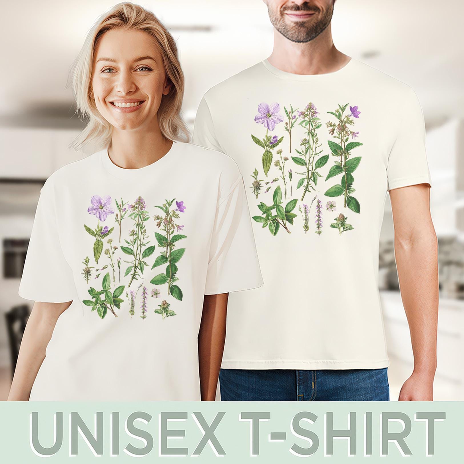 ボタニカルフラワーTシャツ、ハーブガーデンTシャツ、花柄イラスト