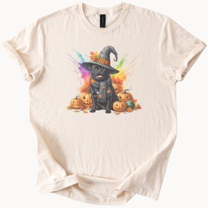 Halloween Pug Witch Shirt Cute Black Dog with Pumpkins Fall Leaves Colorful Splash Art Graphic Tee for Halloween Lovers