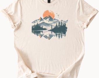Mountain sunrise forest lake reflection t shirt nature hiking outdoors graphic tee scenic wilderness art style top