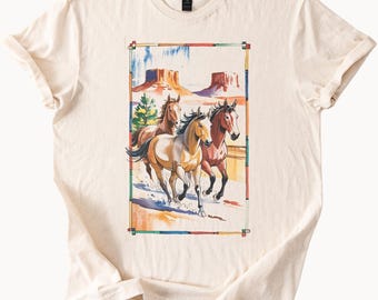 Koszulka z grafiką Wild Horses w stylu westernowym, biegnąca z Mustangami