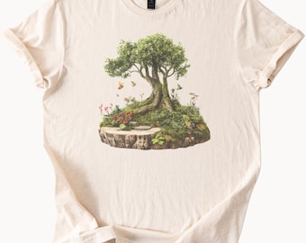 Camiseta con gráfico de árbol natural, arte botánico de bosque con mariposas y flores, camiseta ecológica de bosque, regalo para amantes de la naturaleza