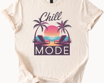 Chill Mode Beach T Shirt Retro Sunset Palm Trees Vacation Tee Summer Vibes Graphic Tee Relaxation Shirt