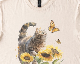 Cute Cat Chasing Butterfly Shirt Among Yellow Sunflowers Nature inspired Cat Lover Tshirt Boho