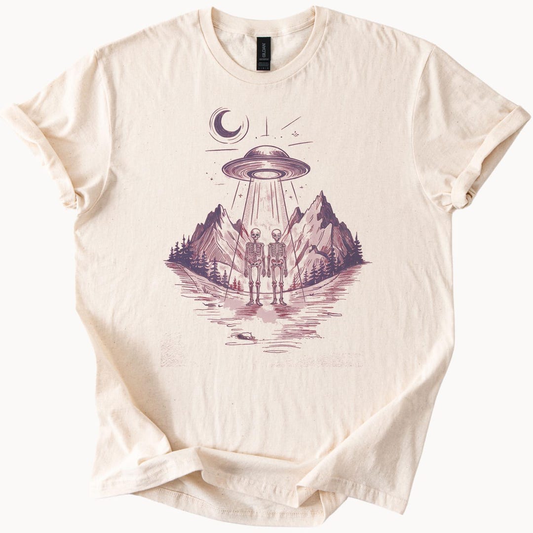 Alien Abduction Skeleton Graphic T Shirt With Mountain Forest Scene and ...