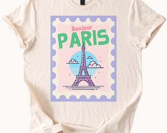 Bonjour Parijs Grafisch T-shirt Eiffeltoren Illustratie Pastel Parijs Frankrijk Reisshirt Leuke Franse Stad Souvenir T-shirt Cadeau