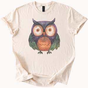 Colorful Owl Graphic T Shirt Cute Hand Drawn Animal Art Tee Nature Lover Gift Unique Woodland Bird Shirt for Women Men Soft Cotton Top