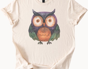 Camiseta con gráfico de búho colorido, linda camiseta de arte animal dibujada a mano, regalo para amantes de la naturaleza, camiseta única de pájaro del bosque para mujeres y hombres, camiseta de algodón suave