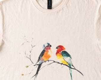 Watercolor Parrots T Shirt Tropical Bird Graphic Tee Nature Lover Gift Colorful Parrot Art Shirt Birdwatcher Clothing
