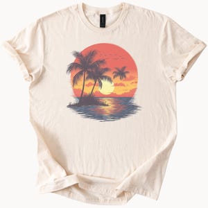 Palm Tree Sunset Graphic T Shirt Tropical Beach Ocean Scene Summer Sun Sand Relaxed Fit Soft Cotton Tee for Nature Lovers Gift