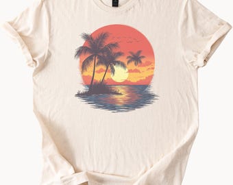 Palm Tree Sunset Graphic T Shirt Tropical Beach Ocean Scene Summer