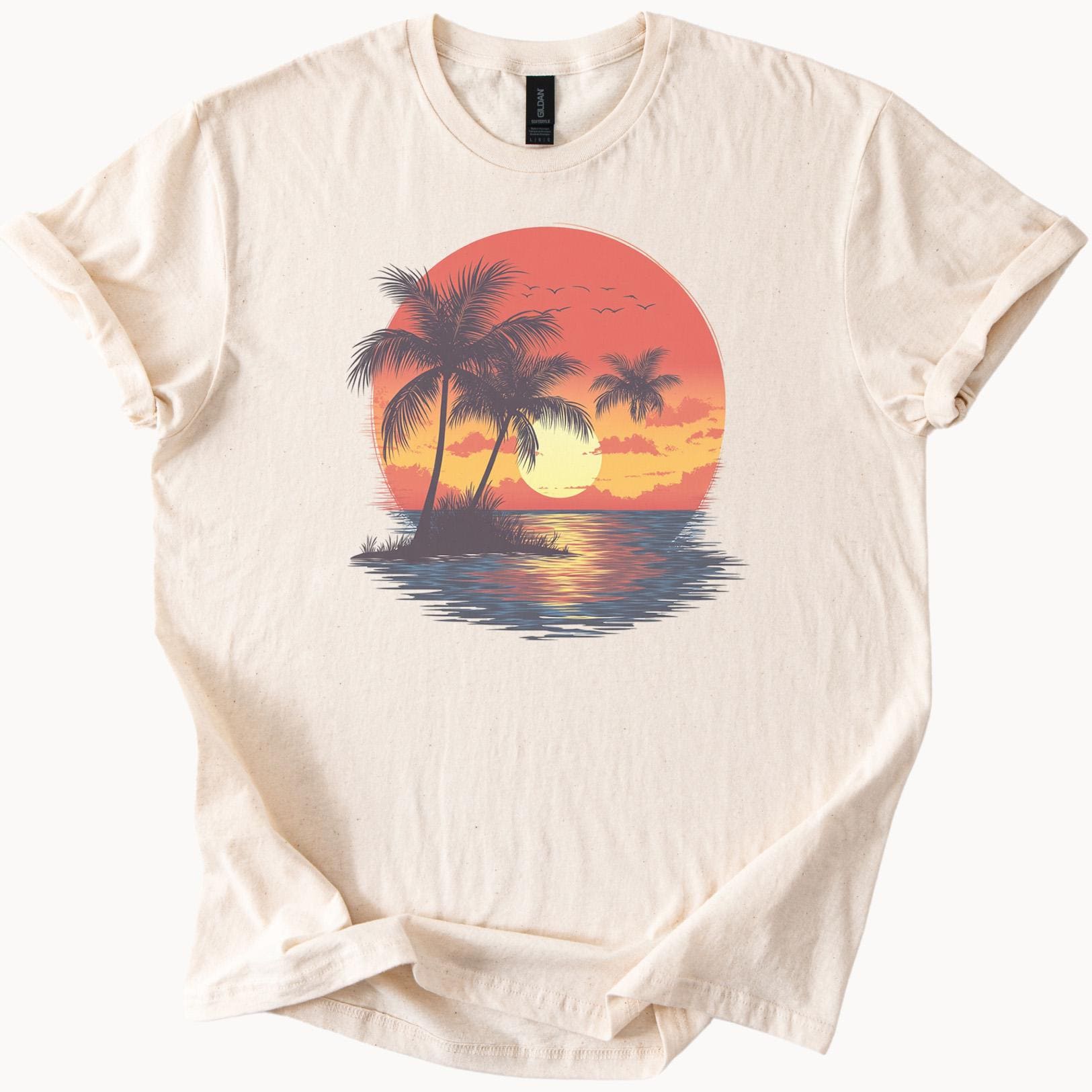 Palm Tree Sunset Graphic T Shirt Tropical Beach Ocean Scene Summer