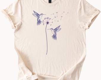 Camiseta de diente de león y colibrí, camiseta para amantes de la naturaleza, camiseta con gráfico de pájaro floral, idea de regalo única
