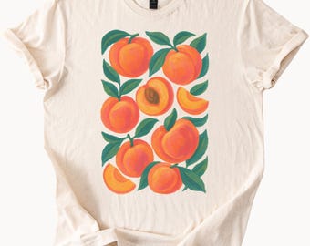 Hand Painted Peach Fruit Graphic T Shirt Colorful Summer Peachy Art Tee Botanical Illustration Shirt Cute Peach Print Shirt Gift