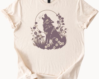 Howling Wolf Graphic T Shirt Nature Moon Wildflowers Forest Animal Art Tee Wilderness Wildlife Outdoors Boho Floral Wolf Shirt