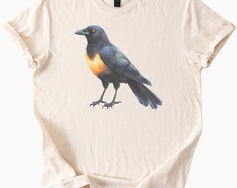 Maglietta grafica con merlo dal petto giallo, maglietta con illustrazione di uccelli della natura, maglietta unica con illustrazione della fauna selvatica, regalo per gli amanti degli uccelli