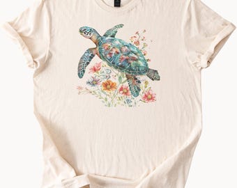 Camiseta bohemia con estampado floral de tortuga marina, algodón natural, regalo para ella y él