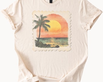 Retro tropical sunset palm tree beach graphic tee summer ocean sunset shirt warm pastel travel stamp art shirt coastal vibes tee