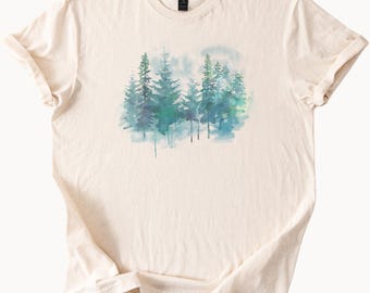 Camiseta con estampado de bosque de pinos en acuarela, camiseta con arte de naturaleza, camiseta gráfica con paisaje de montaña verde y azul, camiseta con árboles del bosque al aire libre